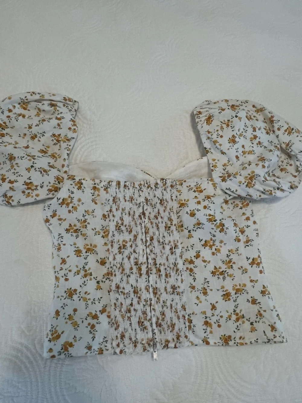 Reformation Andra linen top in orange/yellow floral print, size 6